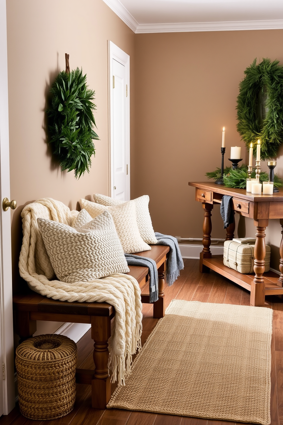 A cozy winter hallway features benches adorned with soft knitted throws in various shades of cream and gray. The walls are painted in a warm taupe, and a rustic wooden console table sits against one side, decorated with seasonal greenery and candles.