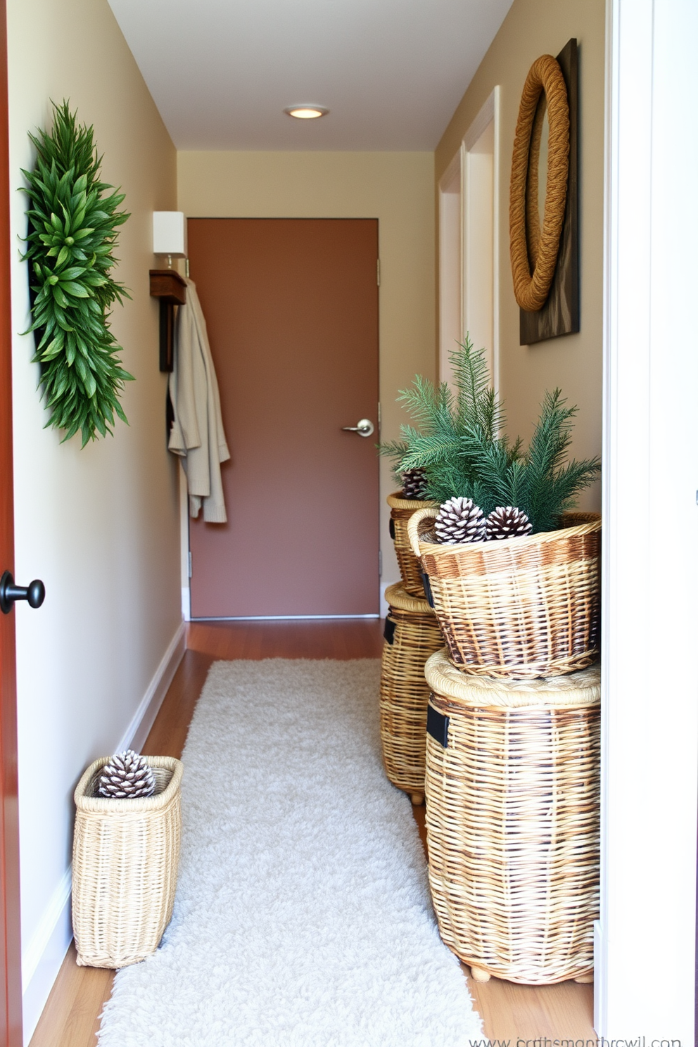 A cozy winter hallway featuring decorative baskets for storage solutions. The walls are adorned with soft, neutral colors, and the floor is covered with a plush runner to add warmth. Stylish woven baskets are placed strategically along the hallway, providing both functionality and aesthetic appeal. Seasonal decorations like pinecones and evergreen branches are nestled within the baskets, enhancing the winter theme.