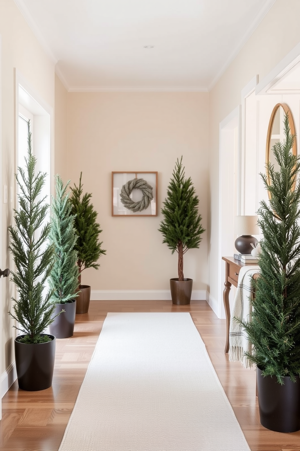 A winter hallway decorated with a neutral color palette creates a serene and inviting atmosphere. Soft beige walls are complemented by a light gray runner rug that leads to the entrance. Flanking the hallway, tall potted evergreen plants add a touch of greenery while maintaining the calming aesthetic. A simple wooden console table displays a few decorative items and a cozy throw blanket for warmth.