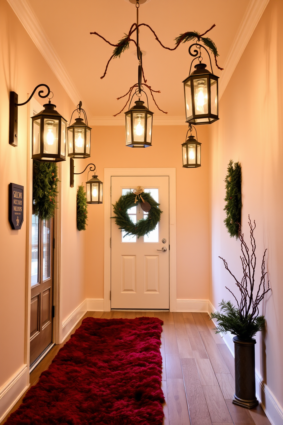 A cozy winter hallway adorned with hanging lanterns that emit a warm and inviting glow. The walls are painted in a soft cream color, and a plush runner rug in deep red runs along the wooden floor.