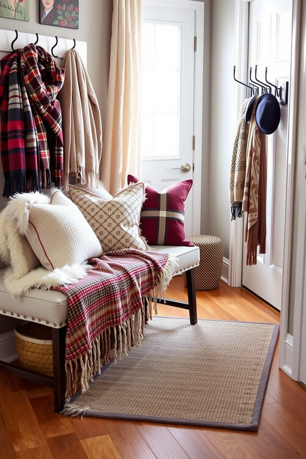 Layered textiles create a warm and inviting atmosphere in a winter hallway. Soft throw blankets and plush cushions are artfully draped over a stylish bench, while a textured runner adds depth to the wooden floor. Incorporate a mix of patterns and colors to enhance the cozy vibe. A decorative coat rack adorned with scarves and hats complements the layered textiles, bringing functionality and charm to the space.