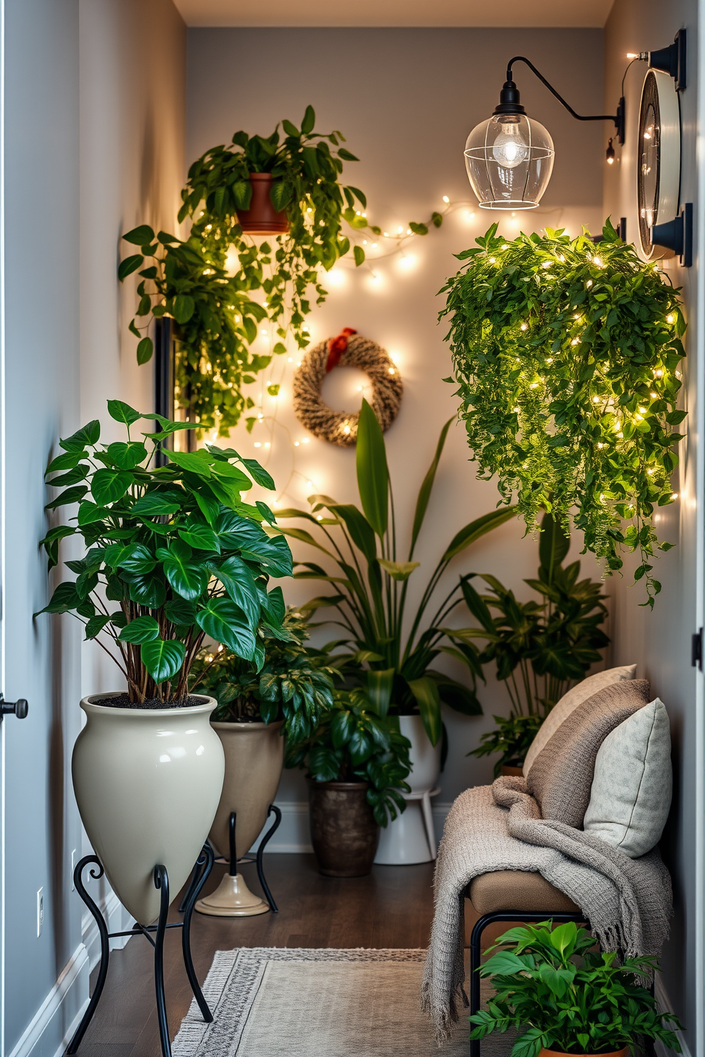 A serene winter hallway adorned with various indoor plants. Lush green leaves spill from elegant pots, bringing life to the space while soft white lights create a warm and inviting atmosphere. Decorative elements include a cozy bench with plush cushions and a textured throw blanket. The walls are painted in a soft gray, complementing the natural hues of the plants and enhancing the seasonal decor.