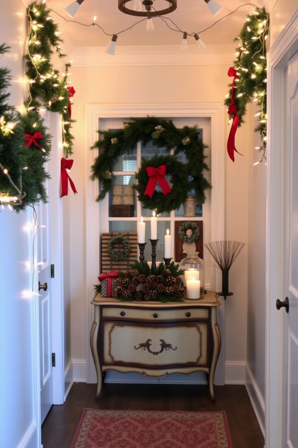 Charming holiday decorations fill a cozy winter hallway. Twinkling string lights drape gracefully along the walls, illuminating a collection of festive vignettes. A vintage console table showcases a beautifully arranged display of pinecones and candles. Evergreen garlands adorned with red ribbons frame the entrance, creating a warm and inviting atmosphere.