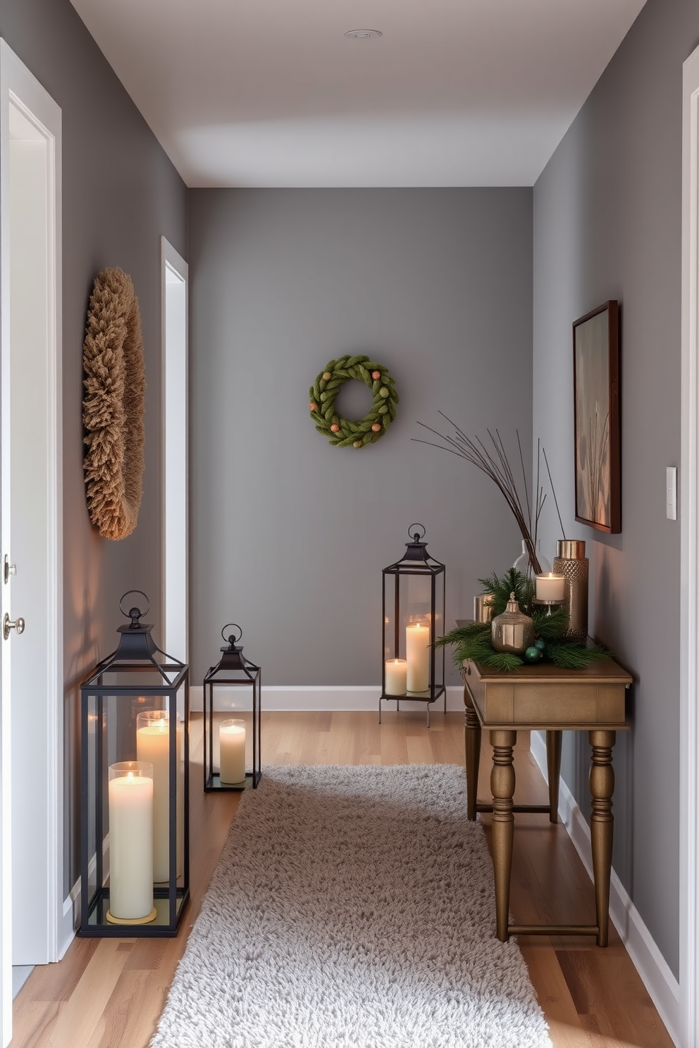 A cozy winter hallway adorned with seasonal scents emanating from elegantly arranged candles and diffusers. The walls are painted in a soft gray, complemented by a plush runner rug that adds warmth to the space. Stylish lanterns with flickering candles create a welcoming glow, while decorative diffusers release inviting fragrances of pine and cinnamon. A small console table is adorned with seasonal decor, including evergreen branches and a few carefully placed ornaments.