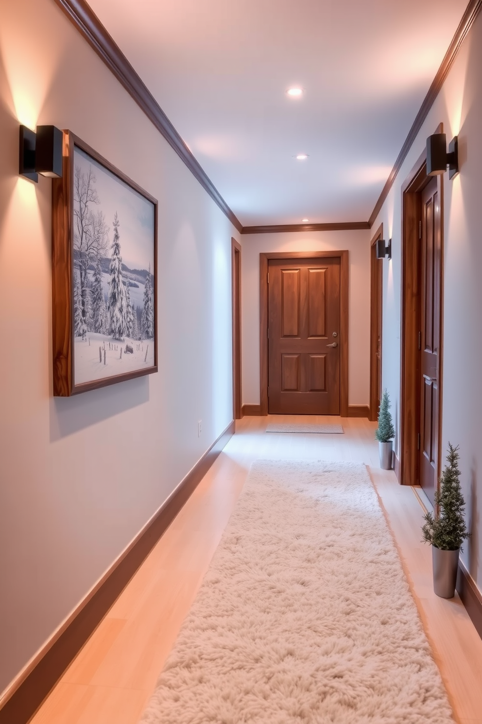 A serene winter landscape adorns the walls, showcasing snow-covered trees and a tranquil lake under a soft blue sky. The artwork is framed in a rustic wood frame that complements the cozy atmosphere of the hallway. The hallway is illuminated by warm light fixtures that cast a gentle glow on the walls. A plush runner rug in shades of white and grey adds comfort underfoot, while small potted evergreen plants bring a touch of nature indoors.