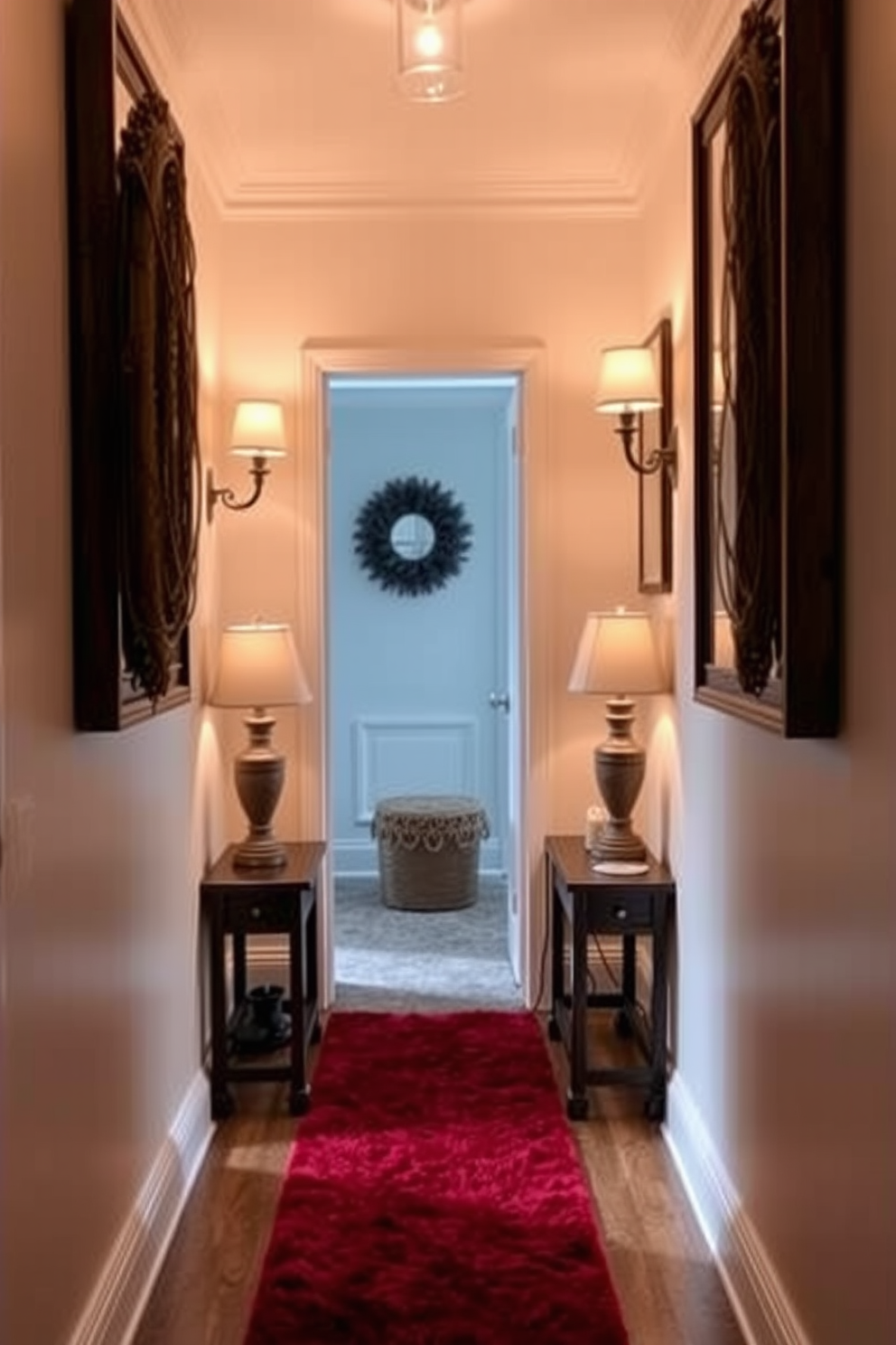 A cozy winter hallway adorned with warm lighting from decorative lamps. The walls are painted in a soft cream color, and a plush runner rug in deep red adds a touch of warmth to the space.