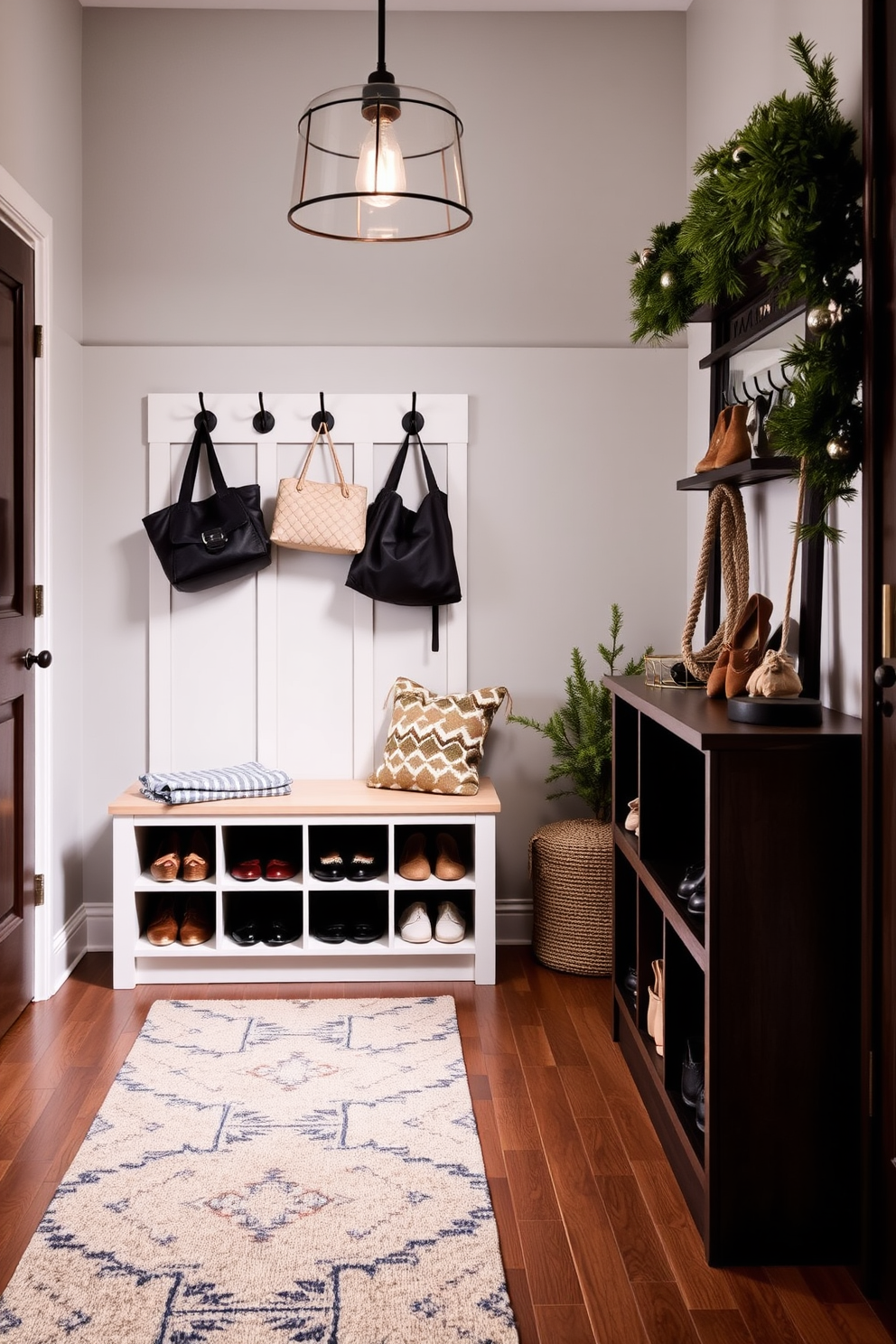 Stylish shoe storage solutions include a sleek bench with built-in cubbies for shoes and a wall-mounted rack for displaying stylish footwear. The area is accented with decorative hooks for bags and a small potted plant to bring life to the space. Winter hallway decorating ideas feature a cozy runner rug that adds warmth and texture to the floor. Soft lighting from a stylish pendant fixture illuminates the space, complemented by seasonal decor such as pinecones and evergreen garlands.