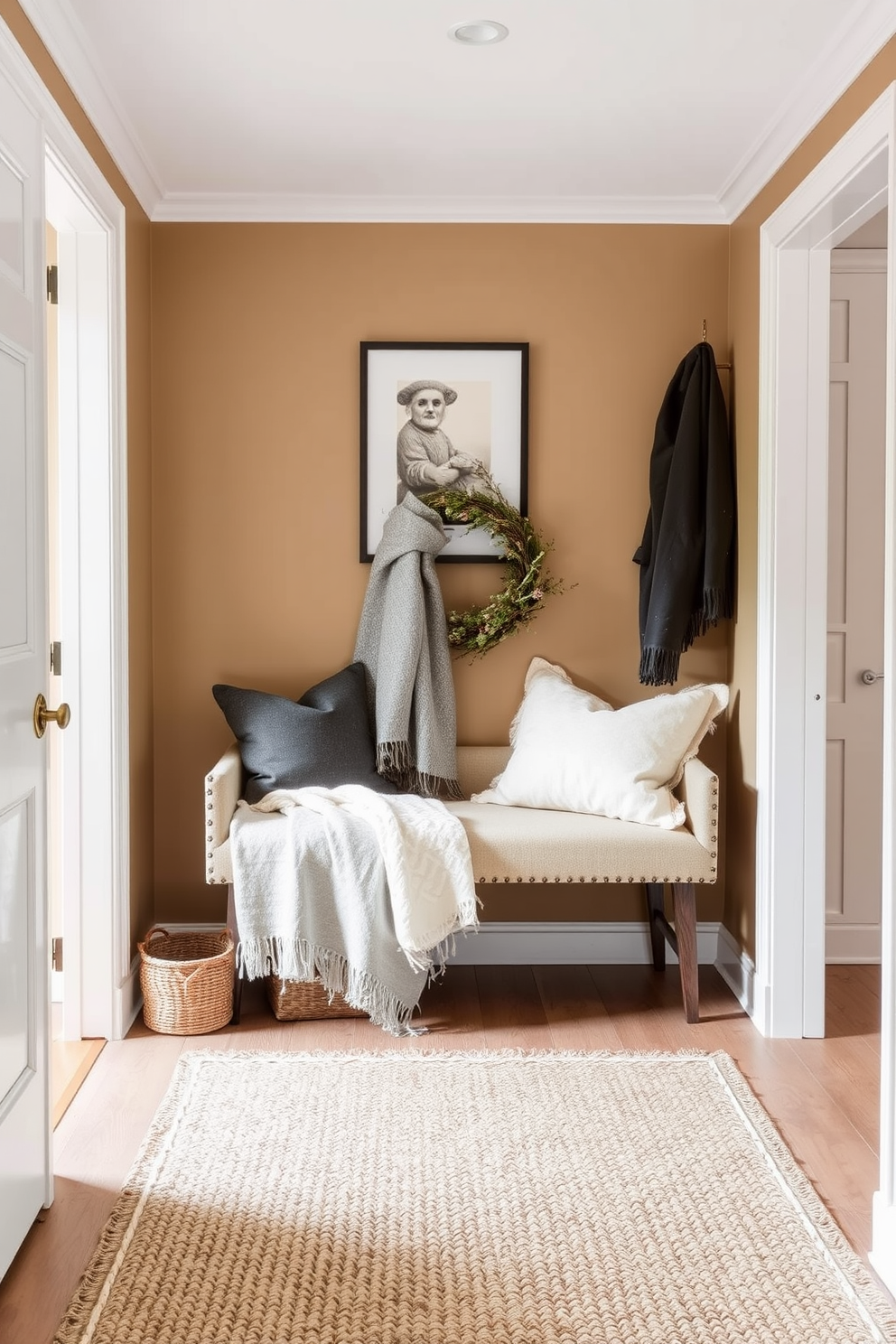 A cozy winter hallway adorned with soft blankets draped over a stylish bench. The walls are painted in a warm neutral tone, complemented by a woven rug that adds texture to the space.