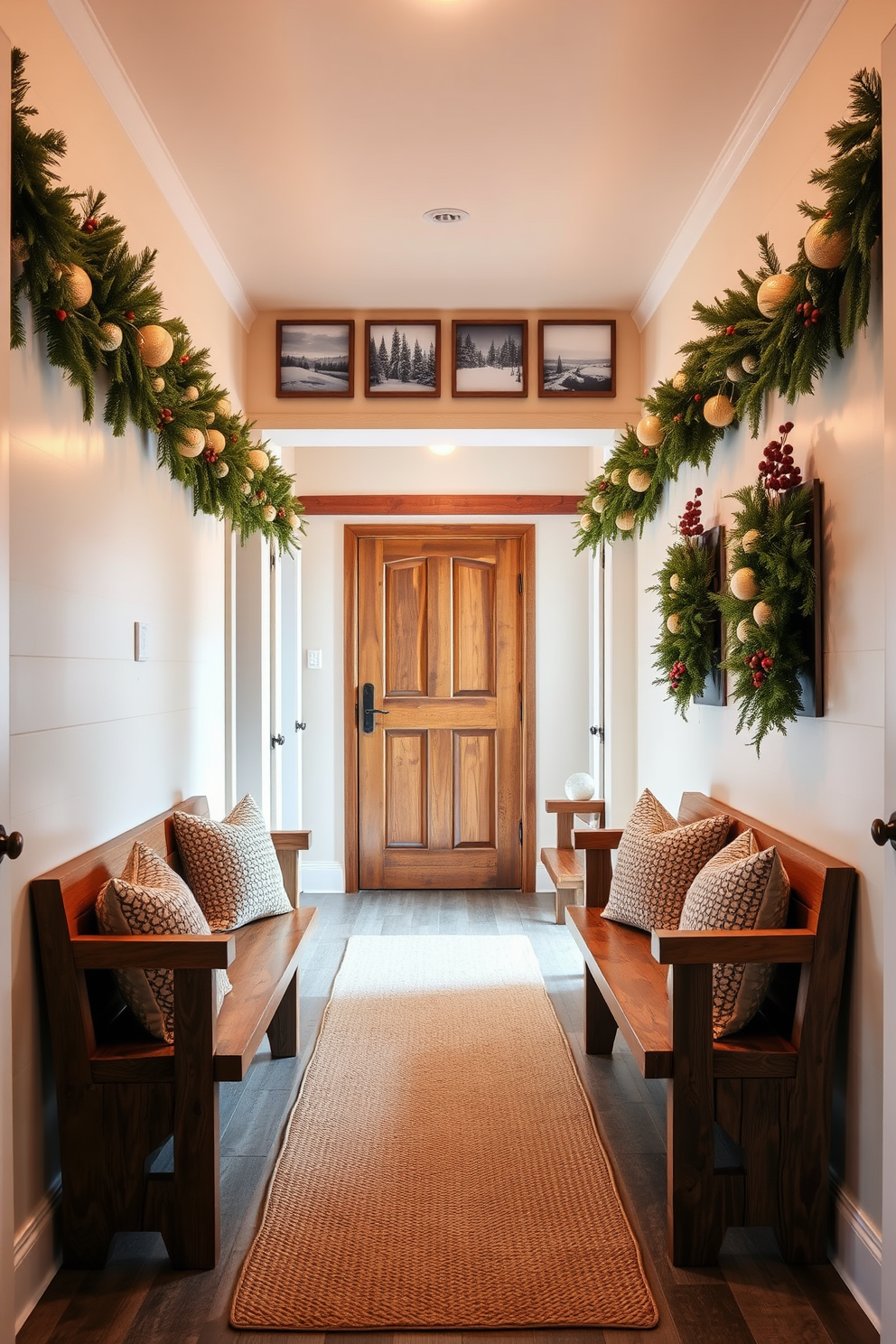 Rustic wooden benches are placed along the sides of a cozy winter hallway. The benches are adorned with warm, textured cushions and surrounded by soft, ambient lighting that enhances the inviting atmosphere. Decorative garlands made of pine and berries drape along the walls, adding a festive touch to the space. A series of framed winter landscape photos hang above the benches, creating a charming gallery that reflects the beauty of the season.