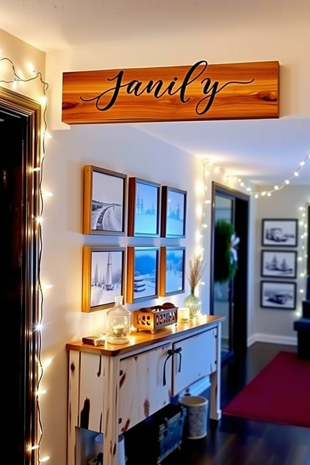 Personalized name signs for entryways. A beautifully crafted wooden sign hangs above a rustic console table, featuring elegant calligraphy of the family name. Winter hallway decorating ideas. The hallway is adorned with soft white fairy lights draped along the walls, complemented by a series of framed winter landscape photographs.