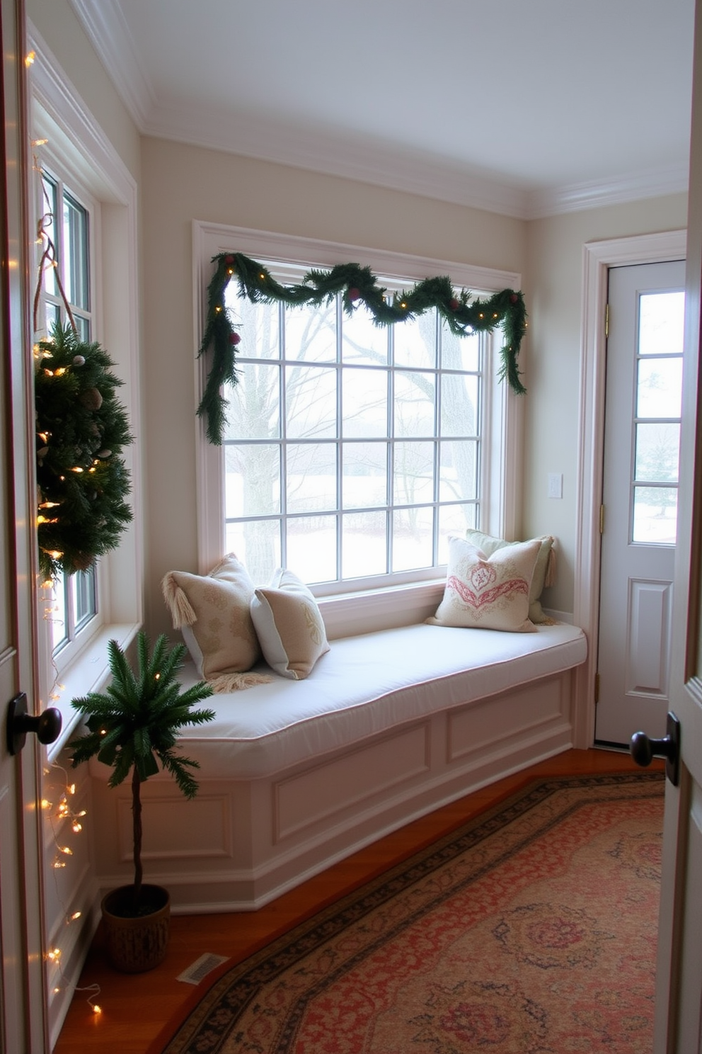 Cushioned window seats create a cozy nook filled with natural light. Plush cushions in soft fabrics invite relaxation while offering a perfect view of the outdoors. Winter hallway decorating ideas bring warmth and charm to your entryway. Layered rugs, twinkling fairy lights, and seasonal greenery create a welcoming atmosphere.