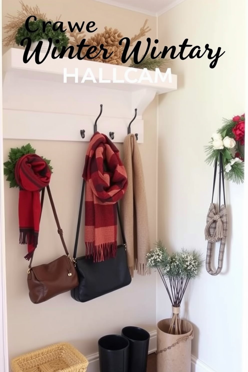 Create a cozy winter hallway that features stylish hanging hooks for bags and scarves. The walls are adorned with soft, warm colors and seasonal decor that evokes a welcoming atmosphere.