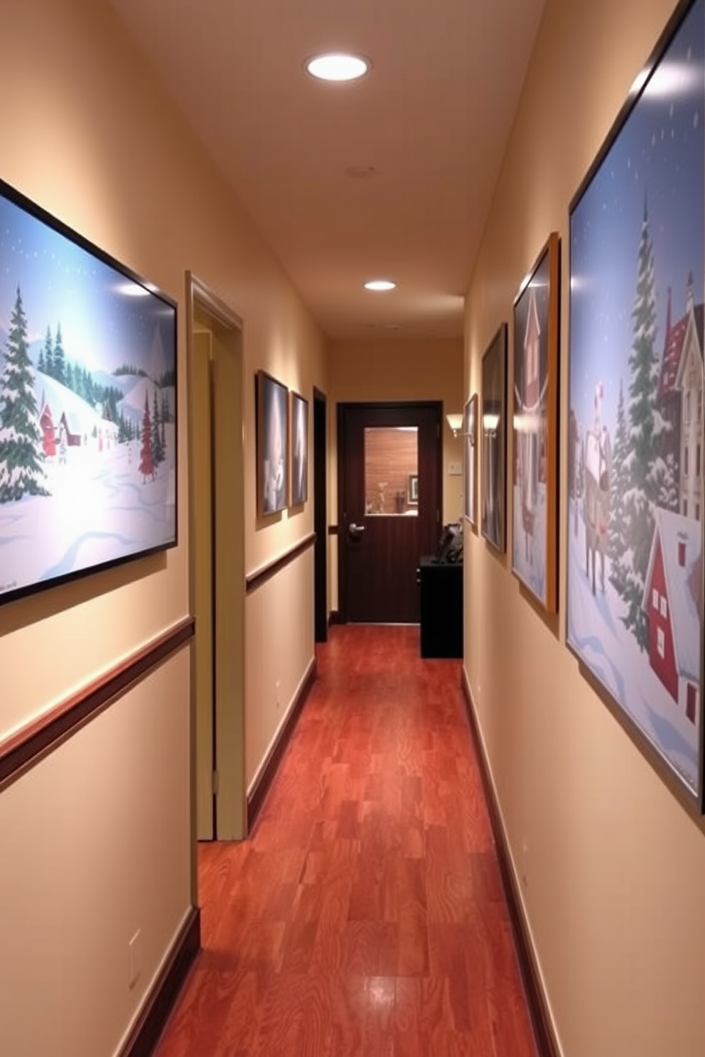 Seasonal art prints adorn the walls of a cozy hallway, bringing warmth and vibrancy to the space. The prints feature winter landscapes and festive motifs, creating a cheerful atmosphere that invites guests to explore further.