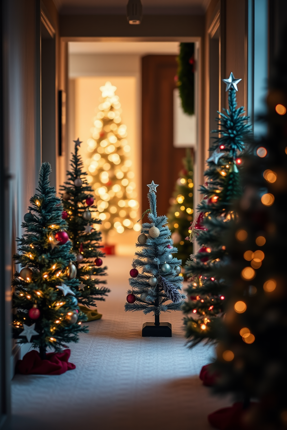 Miniature Christmas trees are placed in each corner of a cozy winter hallway. The trees are adorned with twinkling lights and delicate ornaments, creating a festive and inviting atmosphere.