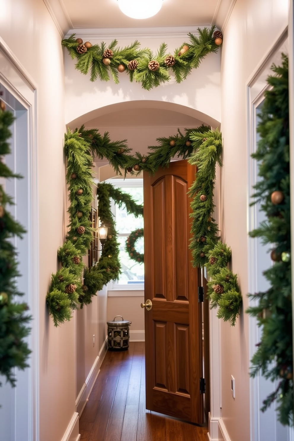 A cozy winter hallway is adorned with pinecone and evergreen garlands gracefully draped above the doors. The warm and inviting atmosphere is enhanced by soft, ambient lighting that highlights the natural textures of the decorations.