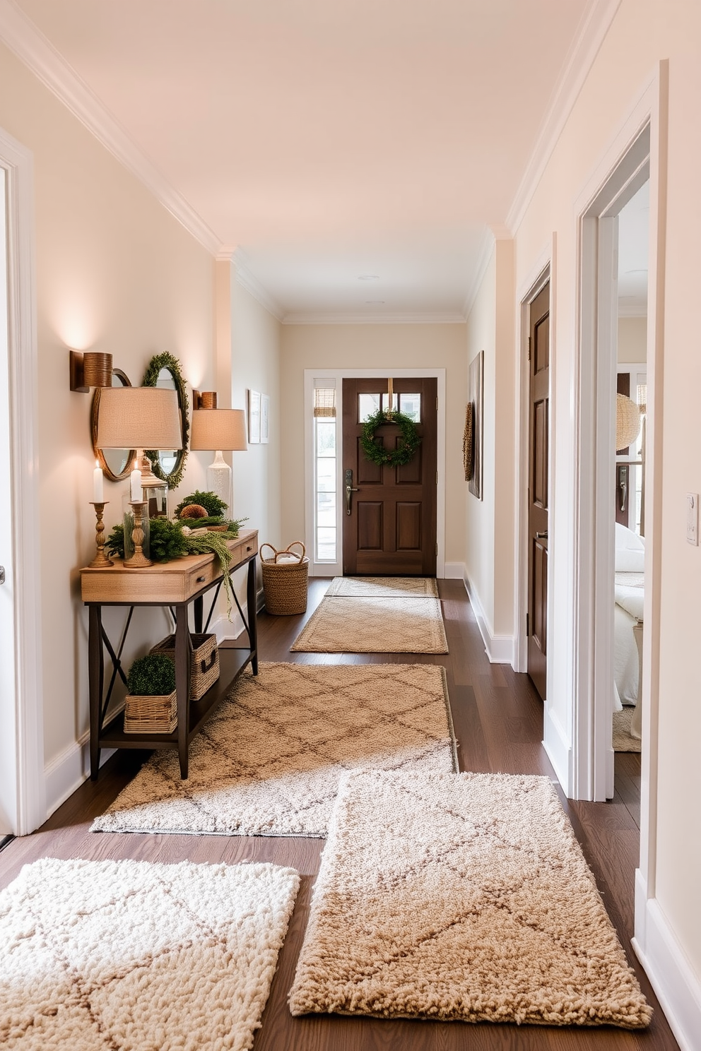 A cozy winter hallway adorned with textured rugs that add warmth and comfort. The walls are painted in a soft cream color, and a stylish console table is placed against one side, topped with seasonal decor and a small potted plant.