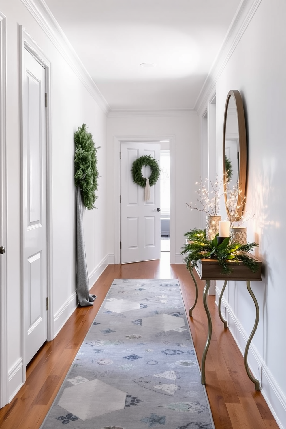 A winter hallway adorned with elegant decor. The walls are painted in a soft white, and a long runner rug in shades of gray and blue adds warmth to the space. On one side, a tall mirror reflects the natural light coming from a nearby window. Seasonal decorations such as pine branches and twinkling fairy lights are tastefully arranged on a console table.