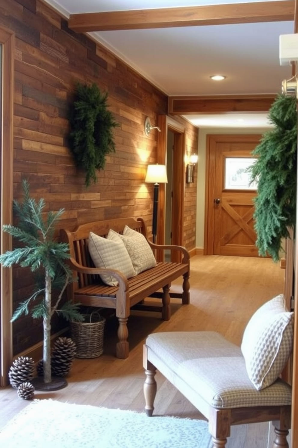 A cozy winter hallway adorned with wooden accents creates a rustic charm. The walls are lined with reclaimed wood paneling, and a warm, inviting color palette enhances the natural beauty of the space. A vintage wooden bench sits against one wall, topped with soft, textured cushions. Seasonal decorations like pinecones and evergreen branches are artfully arranged along the hallway for a festive touch.