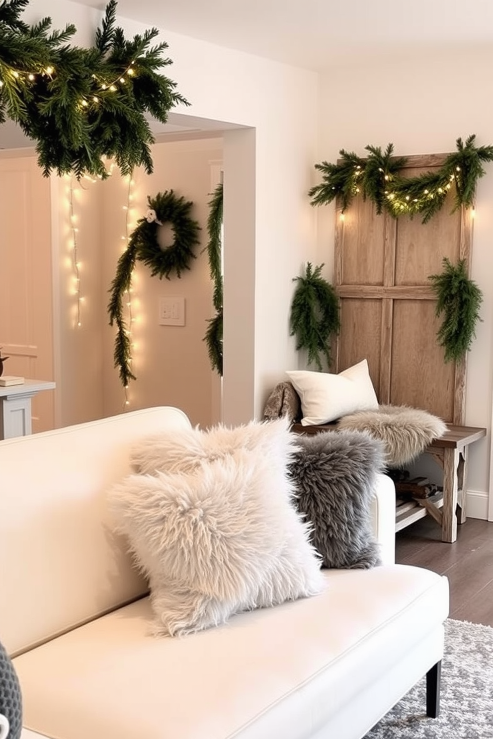 Faux fur cushions are placed on a sleek modern sofa, adding warmth and texture to the space. The cushions come in various shades of white and gray, complementing the minimalist decor. The winter hallway is adorned with string lights and evergreen garlands, creating a cozy atmosphere. A rustic bench with a faux fur throw sits against the wall, inviting guests to linger and enjoy the seasonal decor.