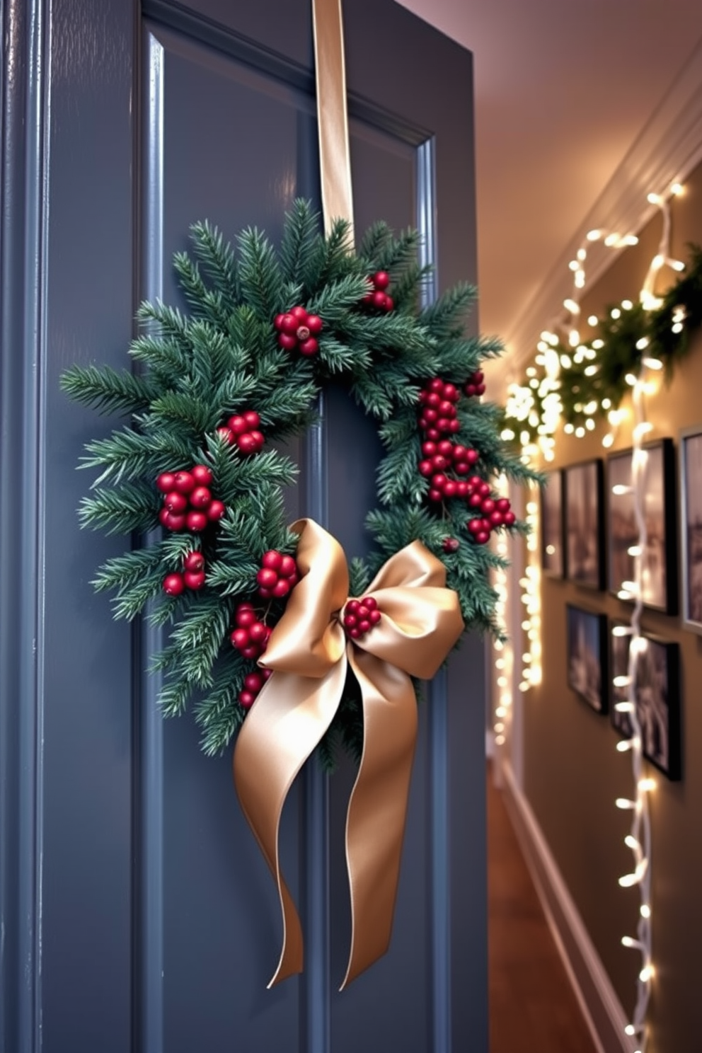 A beautiful winter-themed wreath adorns the front door, crafted from fresh pine branches and accented with red berries and pine cones. The wreath is tied with a luxurious satin ribbon that complements the door's color, creating a warm and inviting entrance. The hallway is elegantly decorated with soft white lights draped along the walls, casting a gentle glow that enhances the winter ambiance. A series of framed winter landscape photographs line the hallway, drawing the eye and adding a touch of seasonal charm.