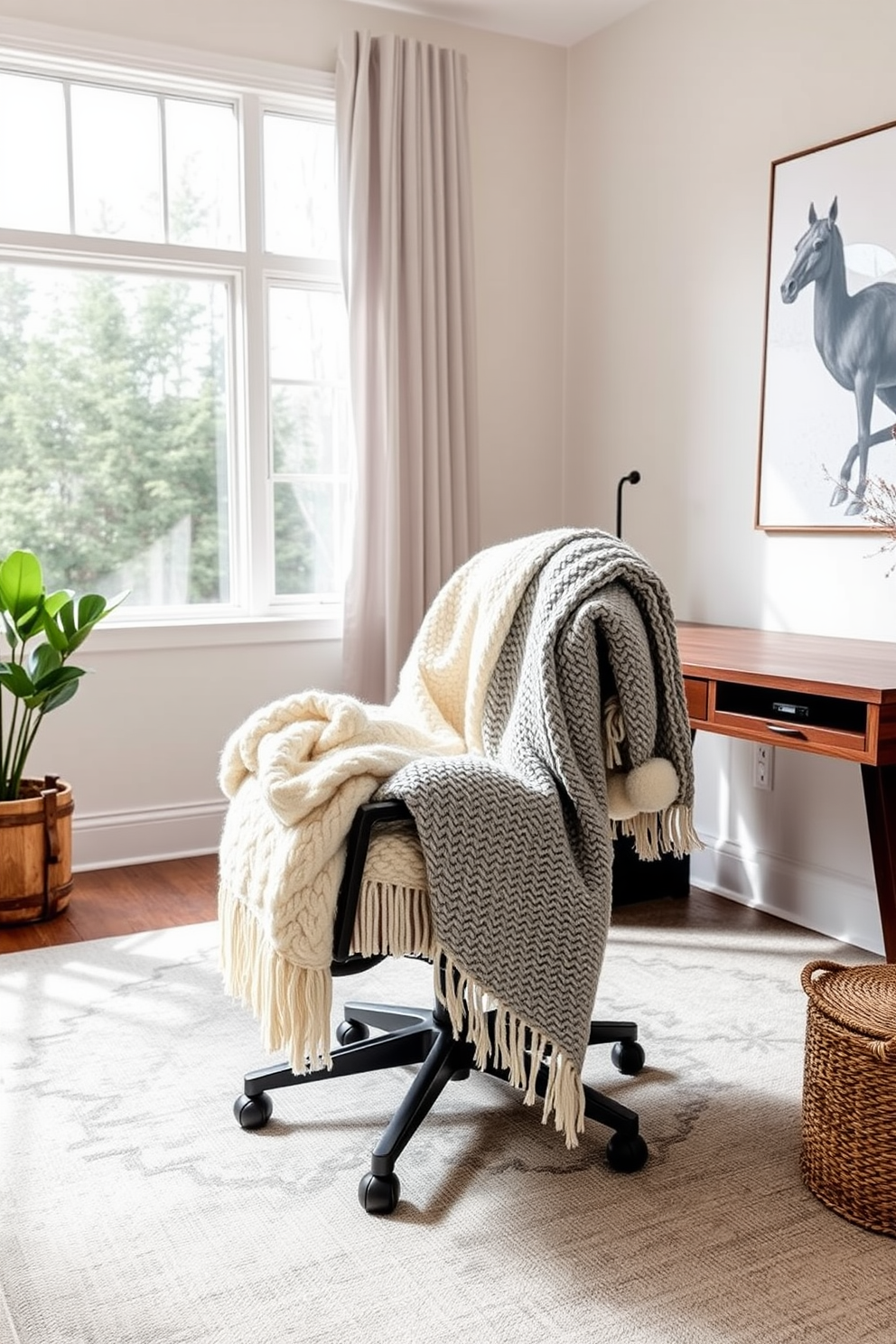 A cozy home office setting with a plush office chair adorned with soft knit throws in various shades of cream and gray. The room features a large window letting in natural light, with a sleek wooden desk positioned to maximize the view and create a warm, inviting atmosphere.