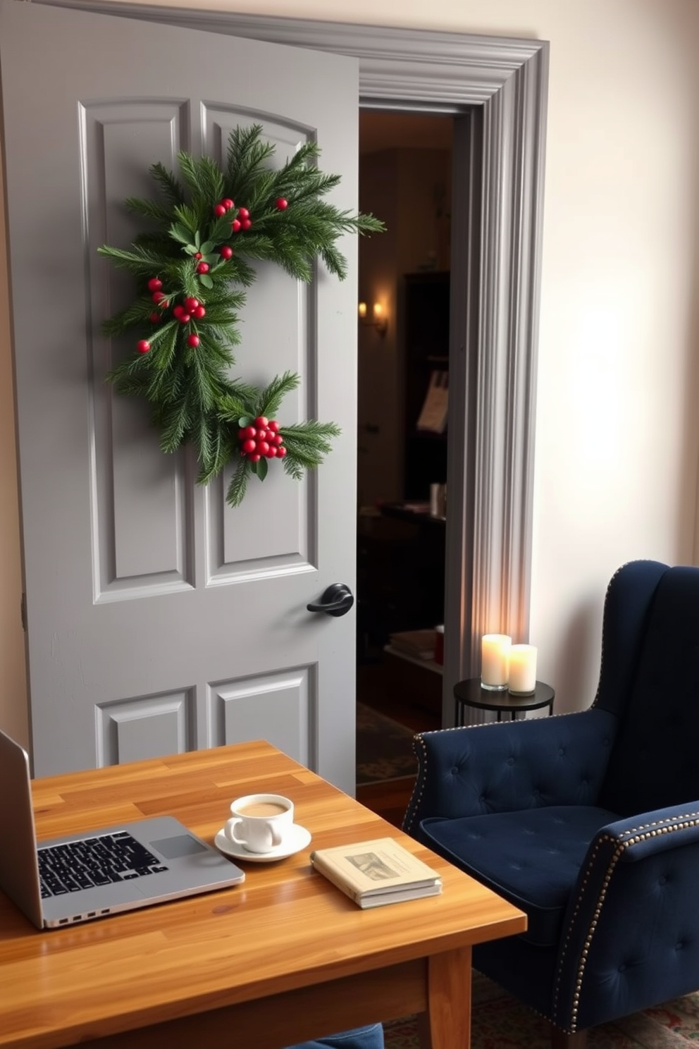 A winter wreath made of pine branches and red berries adorns the office door, welcoming guests with a touch of seasonal charm. The door is painted a soft gray, complementing the cozy atmosphere of the home office. Inside, the home office features a wooden desk with a warm finish, topped with a sleek laptop and a steaming mug of coffee. A plush armchair in a deep navy hue sits in the corner, paired with a small side table holding a stack of books and a flickering candle.