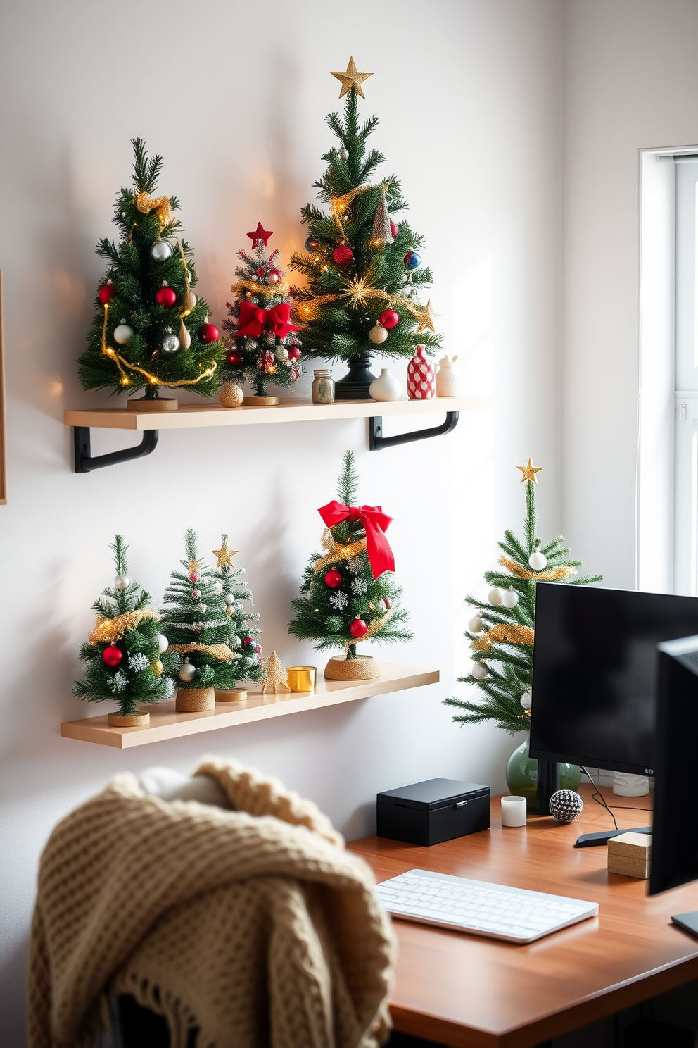 Miniature Christmas trees are arranged on shelves, adding a festive touch to the winter home office. The trees are adorned with twinkling lights and colorful ornaments, creating a cozy and inviting atmosphere. The office desk is decorated with a warm knitted throw and a few holiday-themed accents. Soft, natural light filters through the window, enhancing the cheerful ambiance of the space.