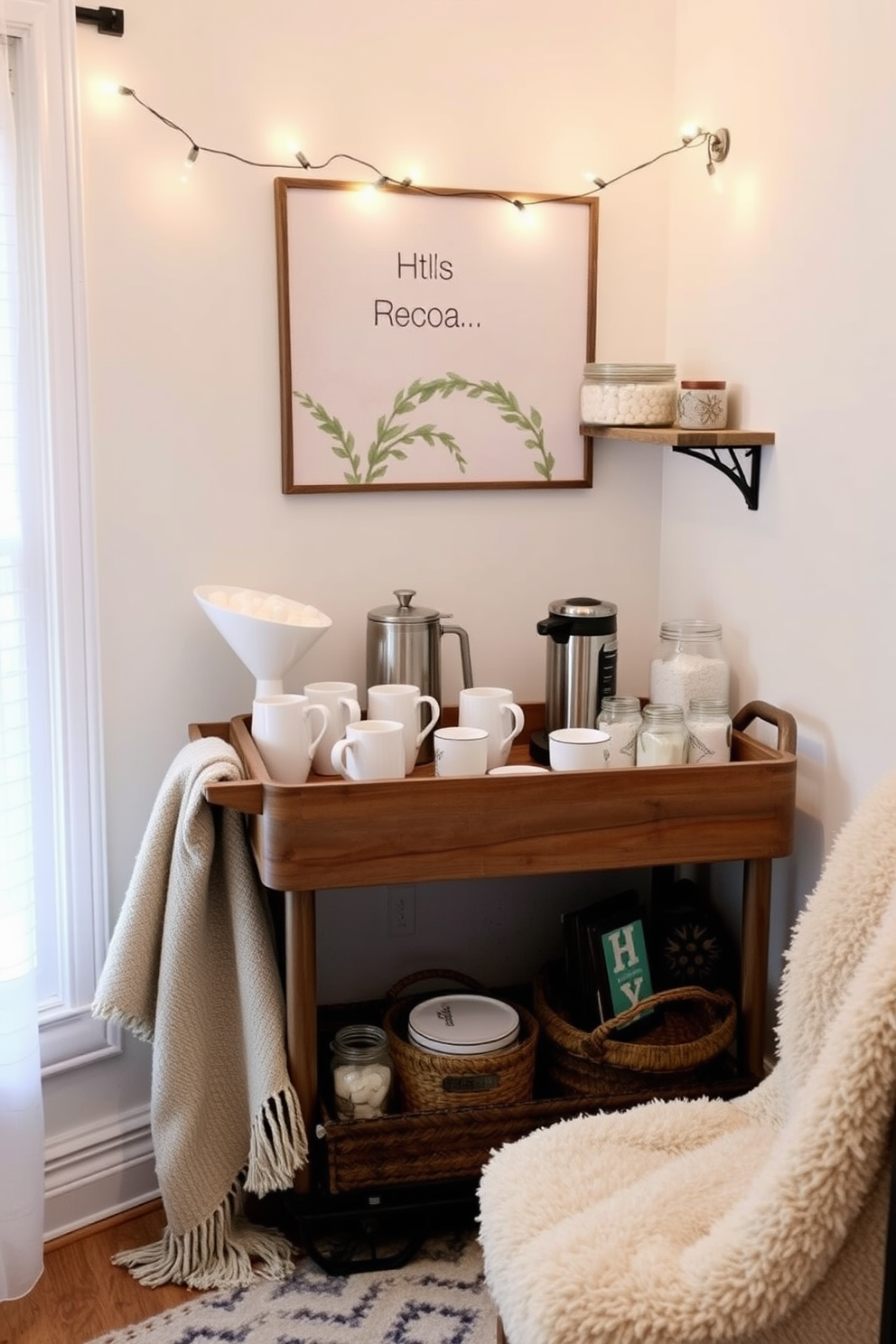 A cozy hot cocoa station nestled in the corner of a winter-themed home office. The station features a rustic wooden cart adorned with an assortment of mugs, a frother, and jars filled with marshmallows and cocoa powder. Soft string lights hang above, casting a warm glow over the space. A plush throw blanket drapes over a nearby chair, inviting you to relax and enjoy a warm drink while working.