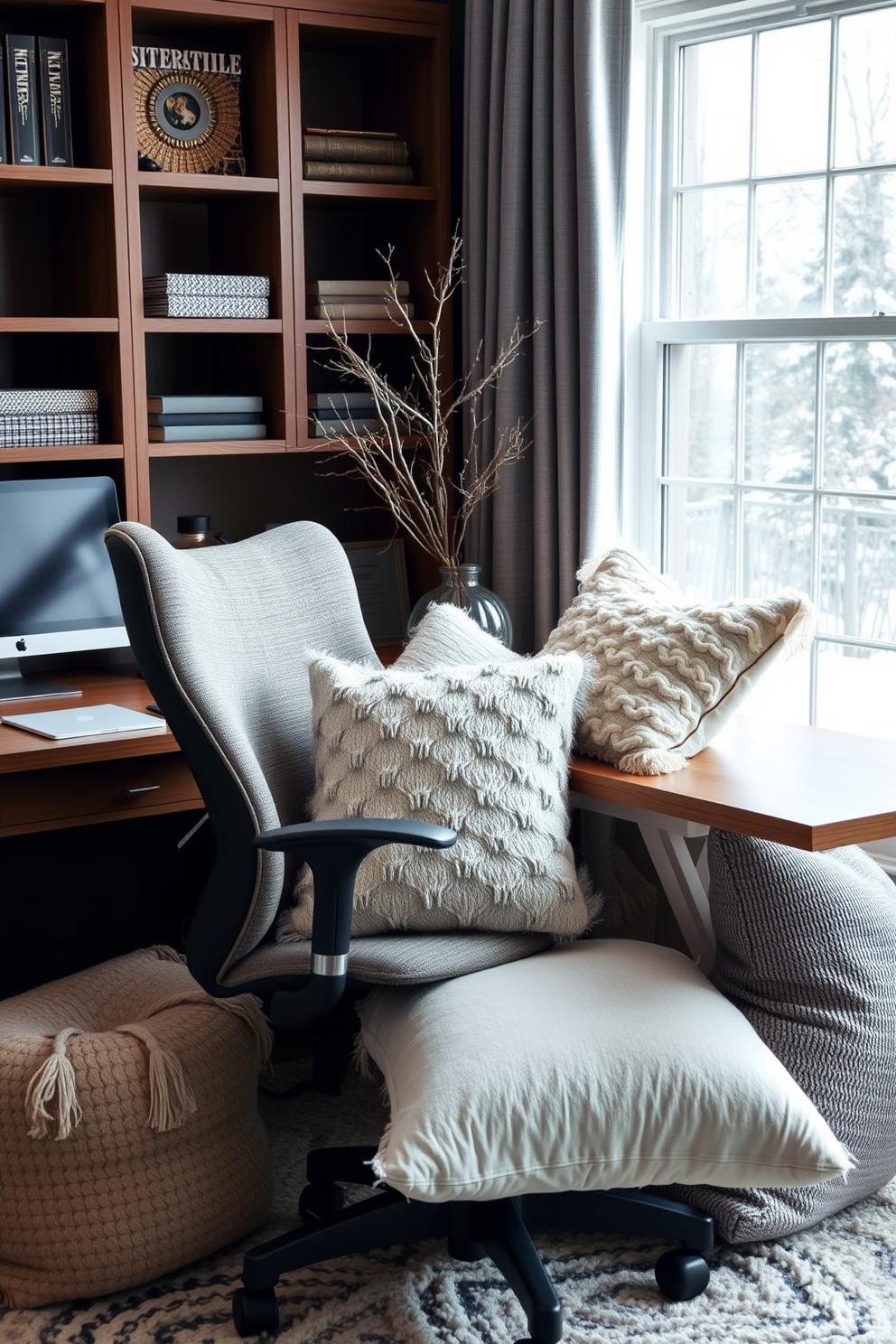 A cozy winter home office setting. The room features a large wooden desk with a comfortable ergonomic chair, surrounded by soft textured pillows in various shades of gray and cream for added comfort.