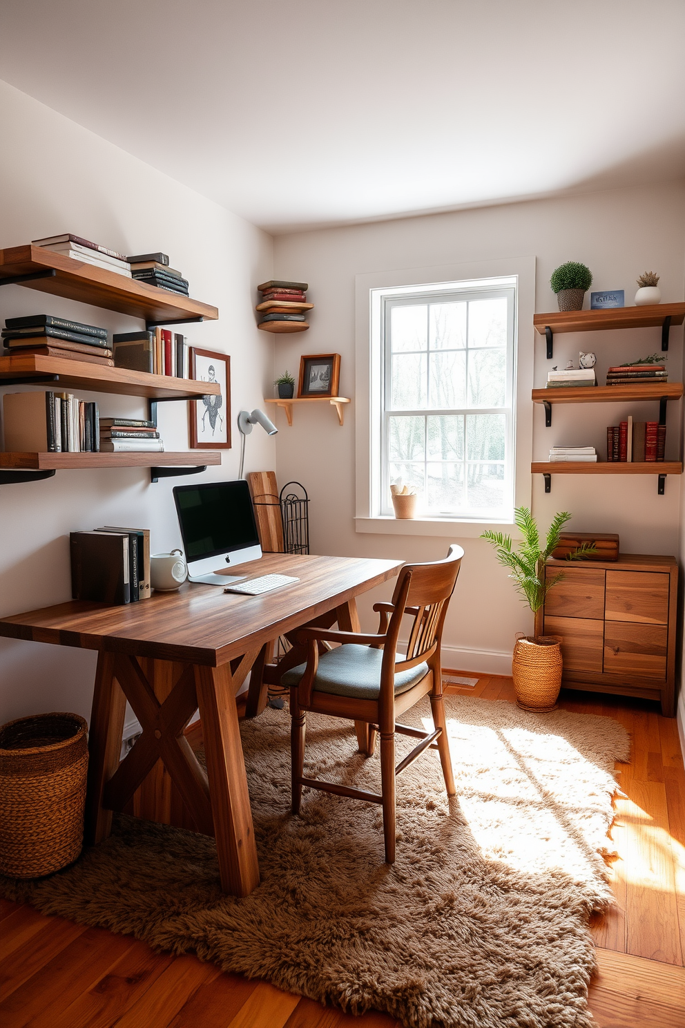 A cozy winter home office features wooden accents that create a warm and inviting atmosphere. A sturdy wooden desk is paired with a comfortable chair, and shelves made of reclaimed wood display books and decorative items. The walls are painted in a soft white to enhance the natural light streaming through the window. A plush area rug in earthy tones grounds the space, while a small potted plant adds a touch of greenery.