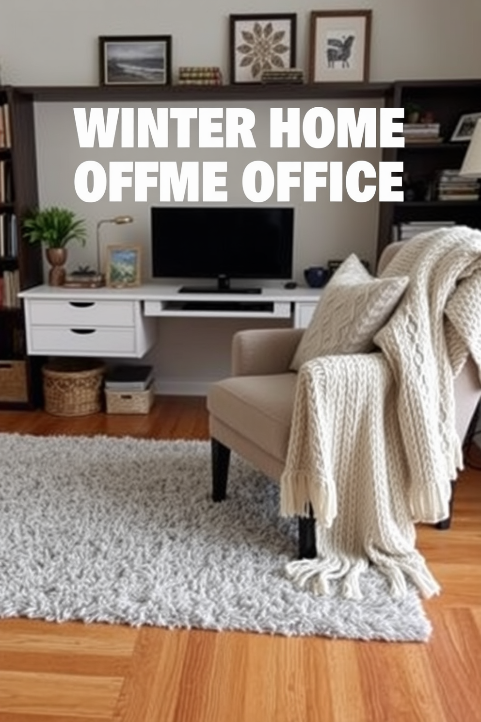 A winter home office with layered textiles creates a cozy atmosphere. A plush area rug covers the hardwood floor, while a thick knit throw is draped over a comfortable armchair.