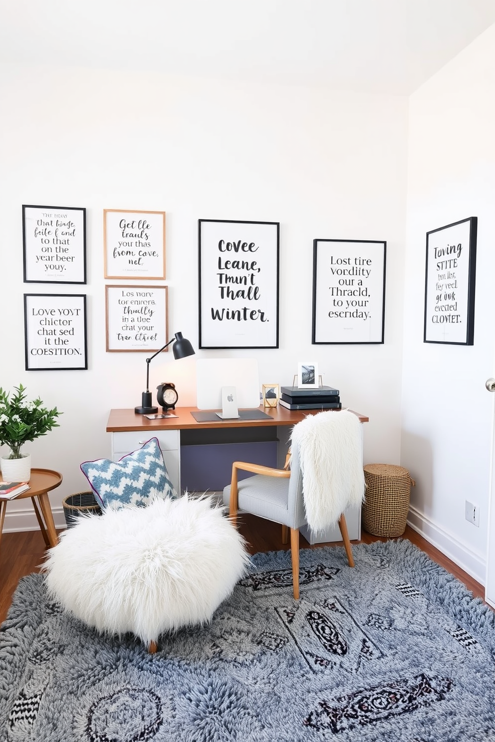 A cozy winter home office adorned with framed inspirational quotes that evoke warmth and motivation. The walls are painted in a soft white, while a plush area rug in shades of grey and blue adds comfort underfoot.