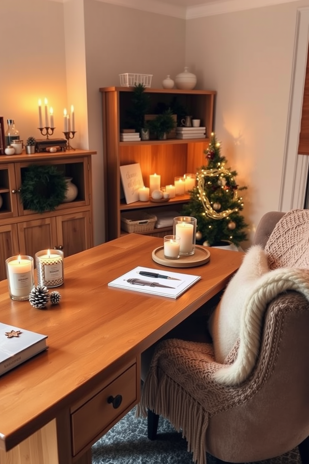 A cozy winter home office setting. The room features a large wooden desk with a warm finish, adorned with scented candles that emit winter fragrances like pine and cinnamon. Soft, ambient lighting creates a welcoming atmosphere. A plush armchair is positioned nearby, complemented by a knitted throw blanket in neutral tones.