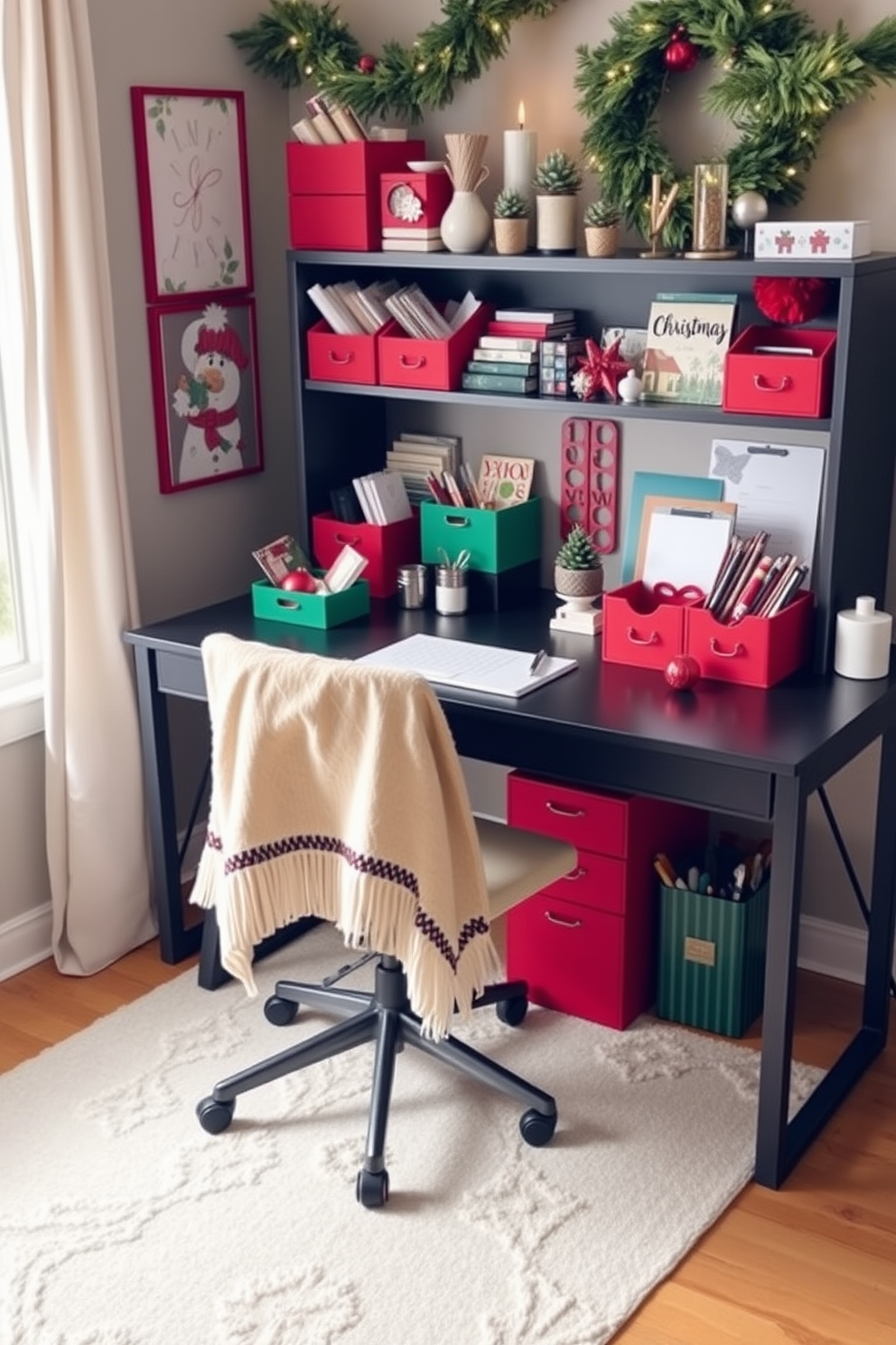 Create a cozy winter home office scene featuring seasonal desk organizers in festive colors. The desk is adorned with red and green organizers, filled with stationery and holiday decorations, while a warm blanket drapes over the chair.