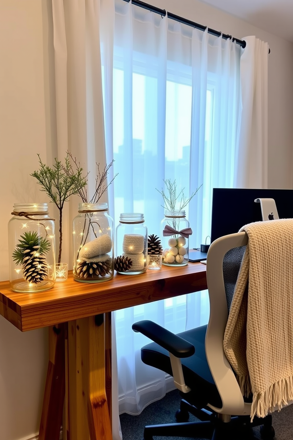 A collection of glass jars filled with winter decor sits on a rustic wooden shelf. Each jar showcases a different arrangement of pinecones, twinkling fairy lights, and artificial snow, creating a cozy winter ambiance. The home office features a sleek desk made of reclaimed wood paired with a comfortable ergonomic chair. Soft white curtains frame the window, allowing natural light to illuminate the space while a warm throw blanket drapes over the chair for added comfort.