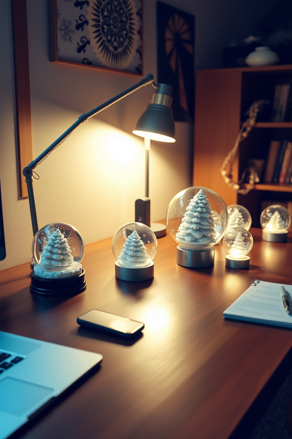 A cozy winter home office setting featuring a sleek wooden desk adorned with decorative snow globes of various sizes. Soft, warm lighting illuminates the space, creating a welcoming atmosphere perfect for productivity during the chilly season.