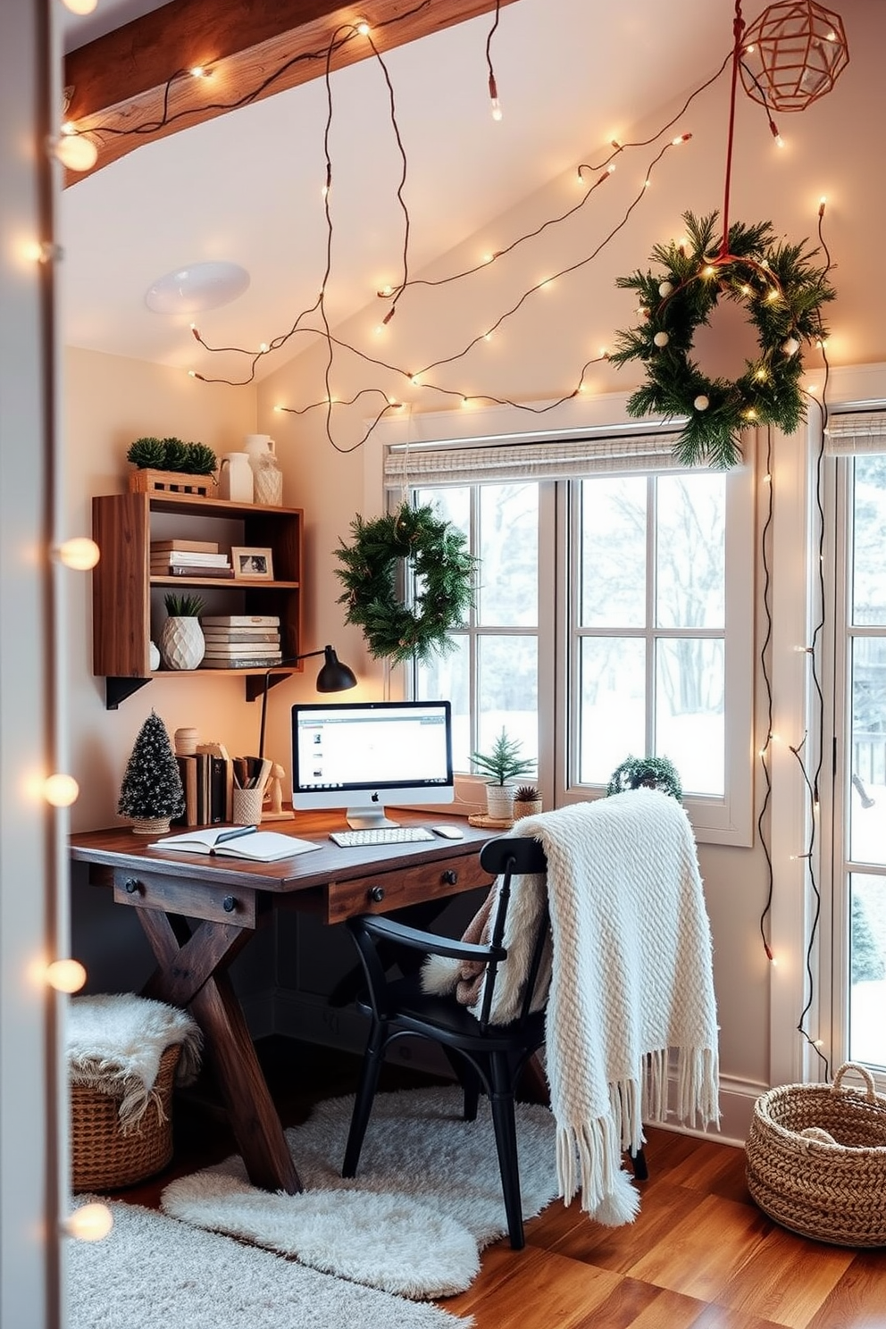 A cozy winter home office adorned with hanging string lights that create a warm and inviting atmosphere. The workspace features a rustic wooden desk paired with a comfortable chair, surrounded by soft textiles and seasonal decor.