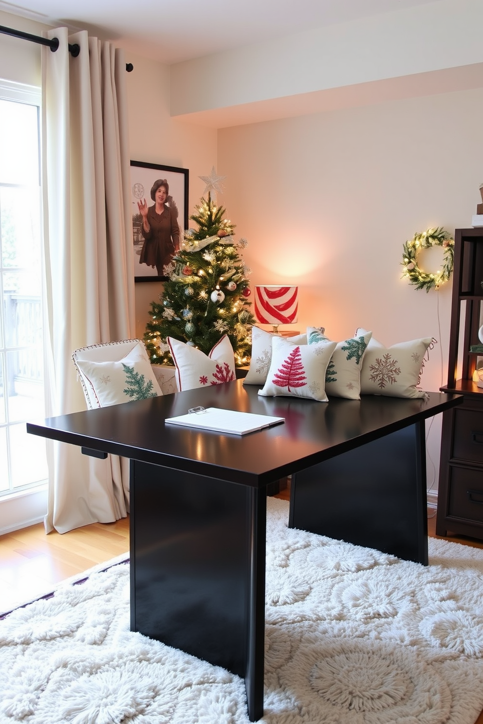 A cozy winter-themed home office featuring a sleek desk adorned with seasonal throw pillows showcasing winter motifs. The space is illuminated by warm lighting, with a plush area rug underfoot and a window dressed in soft, neutral curtains.