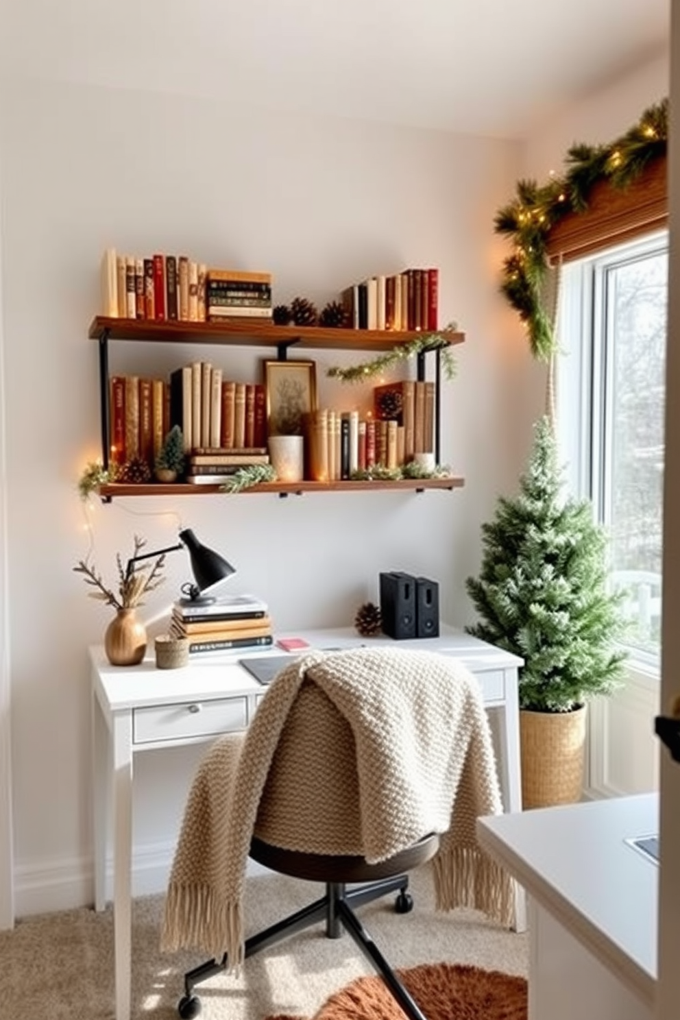 A cozy winter home office with wall-mounted shelves adorned with seasonal decor. The shelves are filled with warm-toned books, pinecone accents, and twinkling fairy lights, creating an inviting atmosphere. A stylish desk positioned beneath the shelves features a soft, textured throw blanket draped over the chair. Natural light pours in through a nearby window, illuminating the space and enhancing the winter vibe.