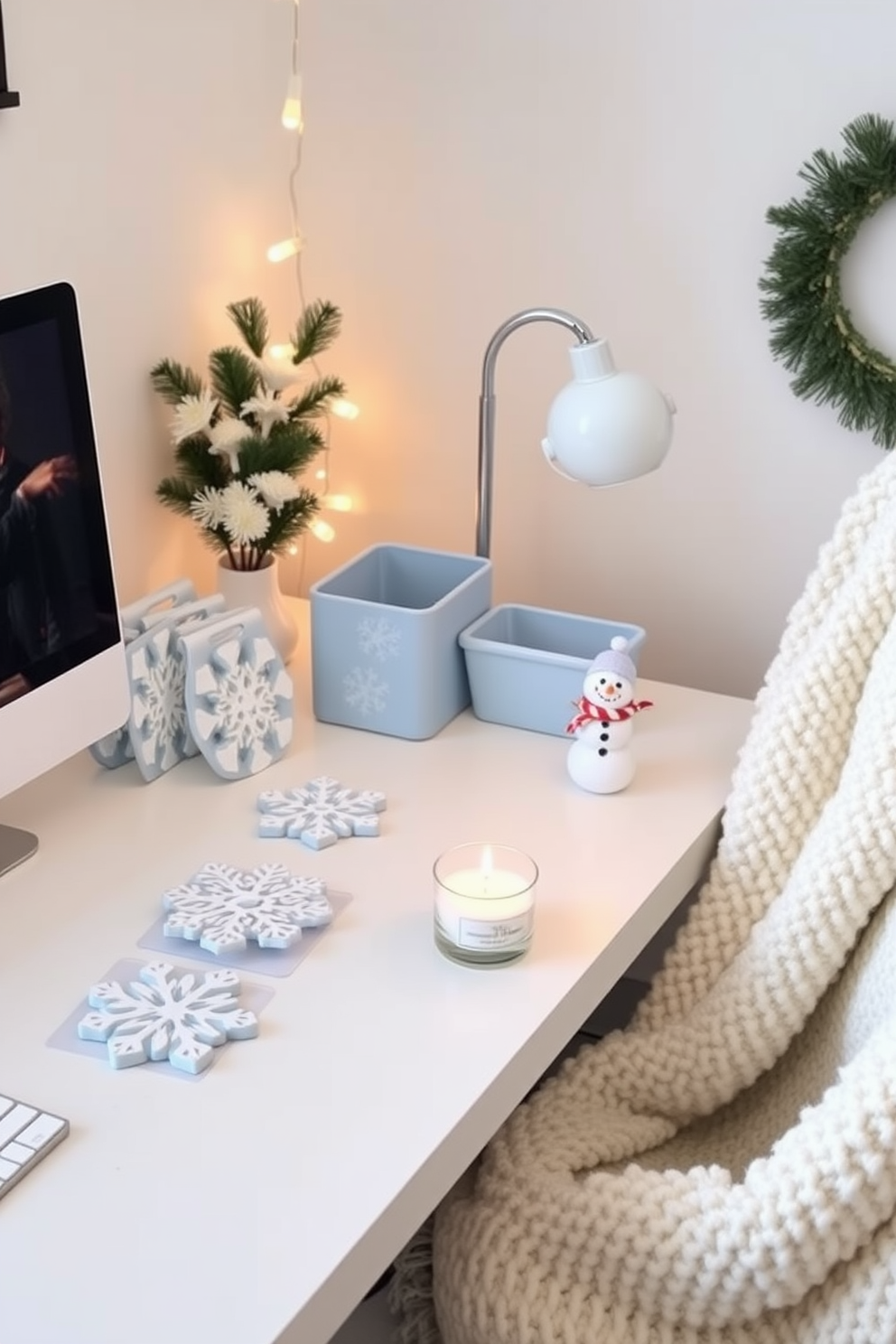 Whimsical winter-themed desk accessories create a cozy and cheerful workspace. A collection of snowflake-shaped coasters, a frosty blue desk organizer, and a miniature snowman figurine bring a playful touch to the desk. Winter home office decorating ideas can transform your space into a warm retreat. Soft white fairy lights, a plush throw blanket draped over the chair, and a scented candle in a pine scent enhance the seasonal ambiance.