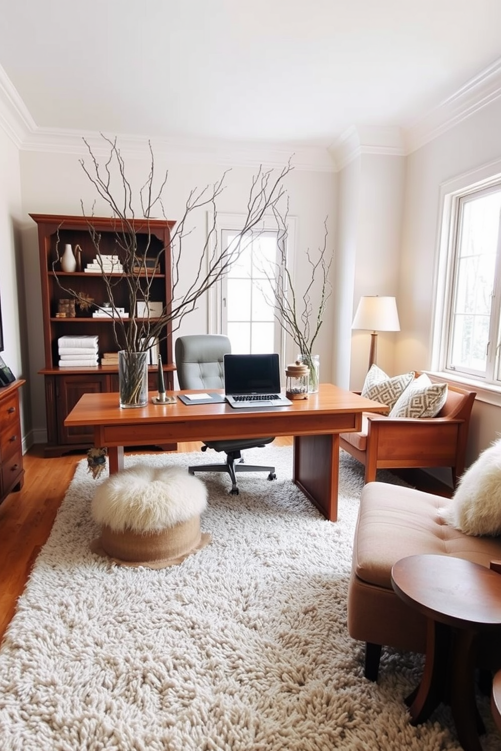 A cozy winter home office featuring natural elements like branches and twigs. The room has a large wooden desk with a warm finish, surrounded by soft, plush seating and a large window that lets in natural light. Branches are artistically arranged in a tall vase on one side of the desk, adding an organic touch to the space. The walls are painted in a soft, neutral color, and a thick, textured rug covers the floor for added warmth and comfort.