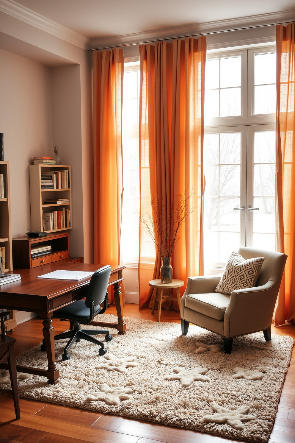 A warm and inviting home office space filled with natural light. The windows are adorned with soft, warm colored curtains that create a cozy atmosphere and complement the rich wooden desk. A plush area rug in neutral tones anchors the room, while a comfortable armchair invites relaxation. Shelves filled with books and decorative items add personality and warmth to the winter home office decor.