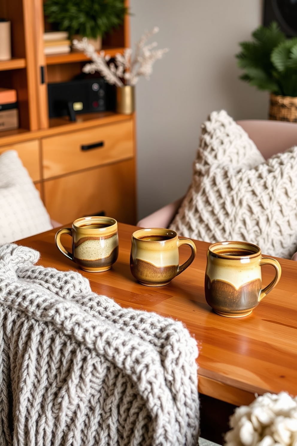 Artisan mugs for coffee or tea. The mugs are handcrafted with unique glazes and textures, showcasing earthy tones and intricate patterns. Winter home office decorating ideas. The space features a cozy desk with a warm wood finish, surrounded by soft textiles like a chunky knit throw and plush cushions.