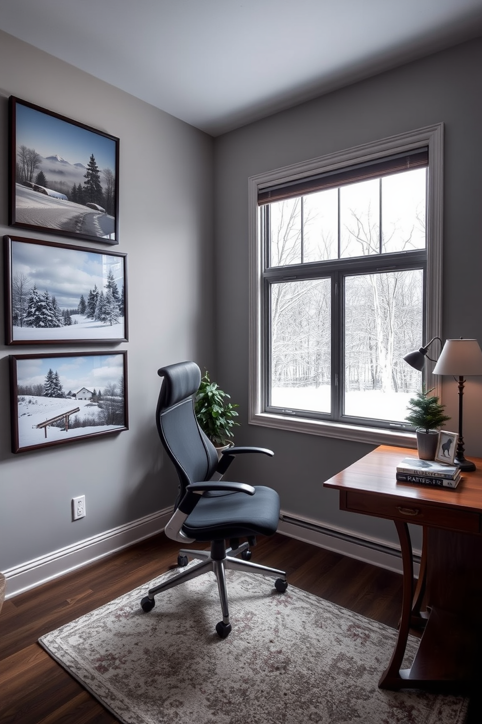 A cozy winter-themed home office adorned with seasonal artwork showcasing serene winter landscapes. The walls are painted a soft gray, and a large window offers a view of snow-covered trees outside. A stylish wooden desk is positioned near the window, complemented by a plush ergonomic chair. On the desk, a few decorative items include a small potted evergreen and a stack of books with winter-themed covers.