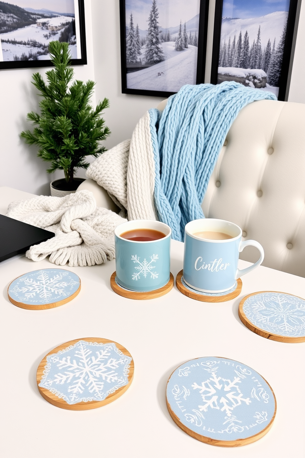 Seasonal coasters with winter designs featuring intricate snowflake patterns and a color palette of icy blues and whites. Each coaster is made from natural wood with a glossy finish to enhance the winter theme. Winter home office decorating ideas include a cozy desk adorned with a soft knitted throw and a stylish mug filled with hot cocoa. The walls are decorated with framed winter landscapes and a small evergreen plant adds a touch of nature to the workspace.