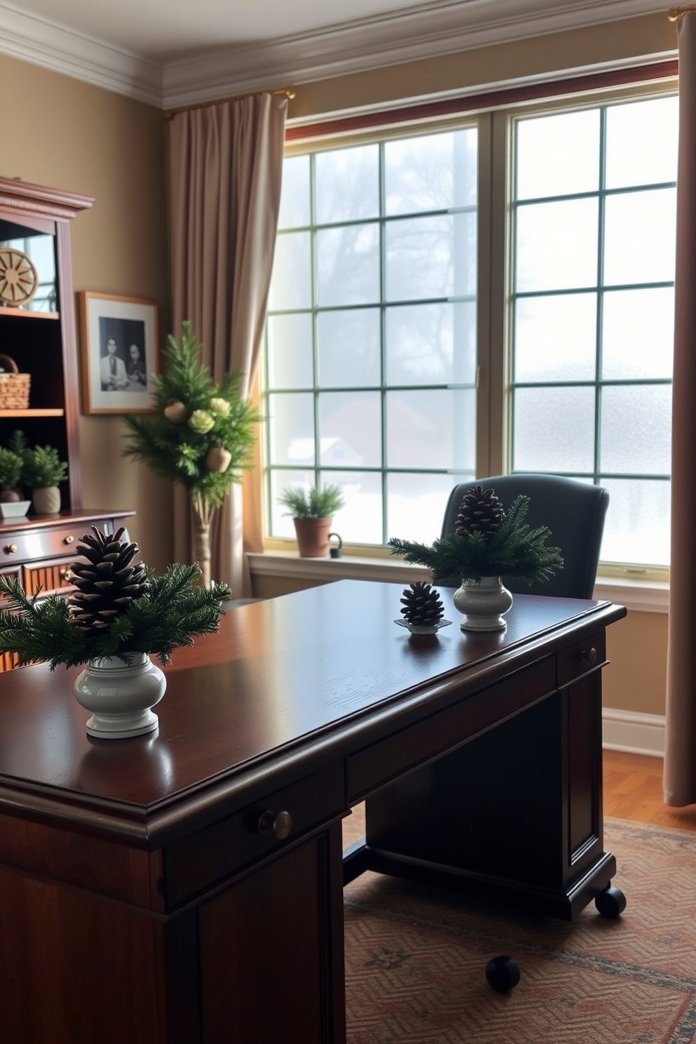 A cozy winter home office featuring a polished wooden desk adorned with pinecone and evergreen centerpieces. Soft natural light filters through a frosted window, illuminating the warm tones of the room.