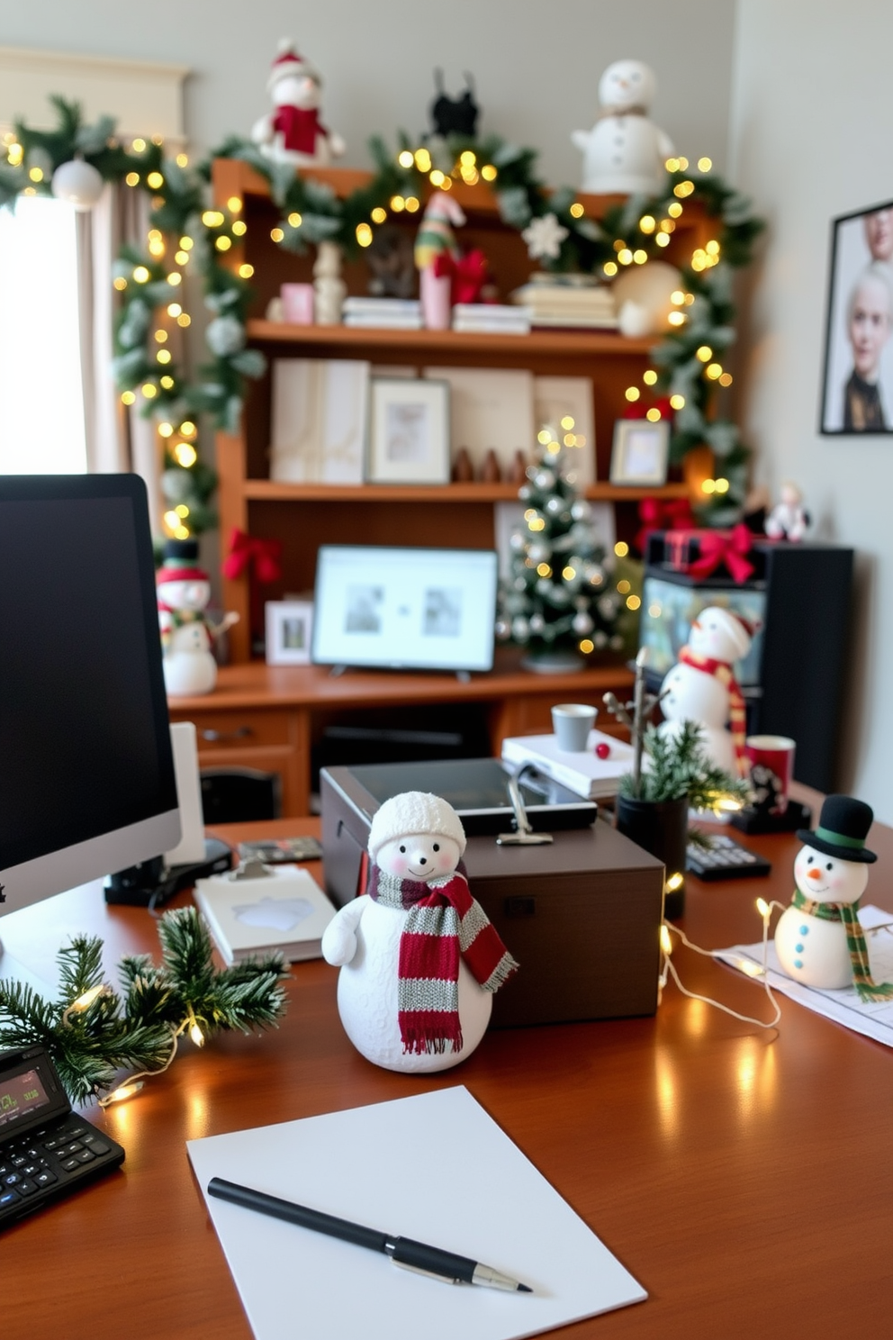 Create a cozy winter home office decorated with snowman figurines. The desk is adorned with a small snowman figurine wearing a colorful scarf, surrounded by festive garlands and twinkling fairy lights.