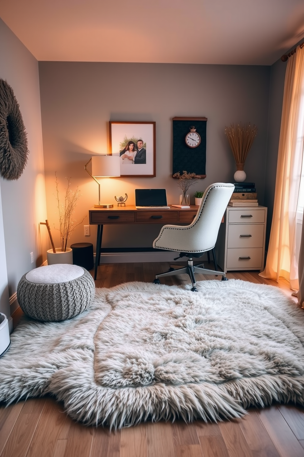 A cozy winter home office setting featuring a large faux fur rug that adds warmth and texture to the space. The office is adorned with a stylish wooden desk, a comfortable chair, and warm lighting to create an inviting atmosphere.