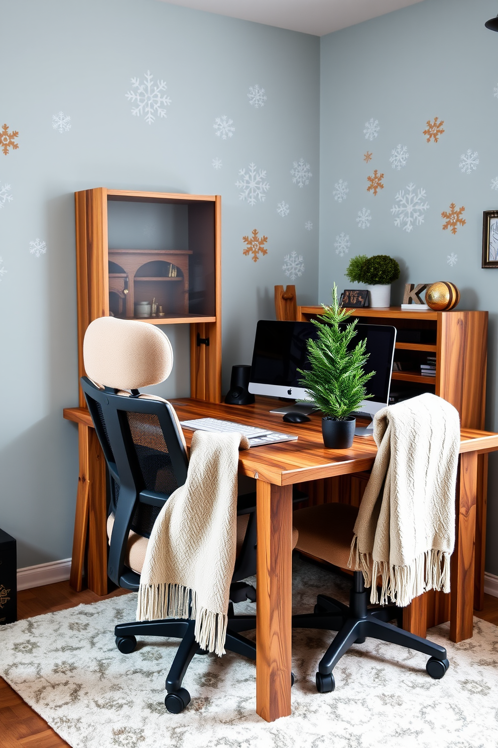 A cozy winter-themed home office adorned with snowflake wall decals and warm-toned stickers. The desk is made of reclaimed wood, complemented by a plush ergonomic chair and a soft throw blanket draped over the back. The walls are painted a soft icy blue, creating a serene atmosphere perfect for productivity. A small potted evergreen sits on the desk, adding a touch of nature and holiday spirit to the workspace.