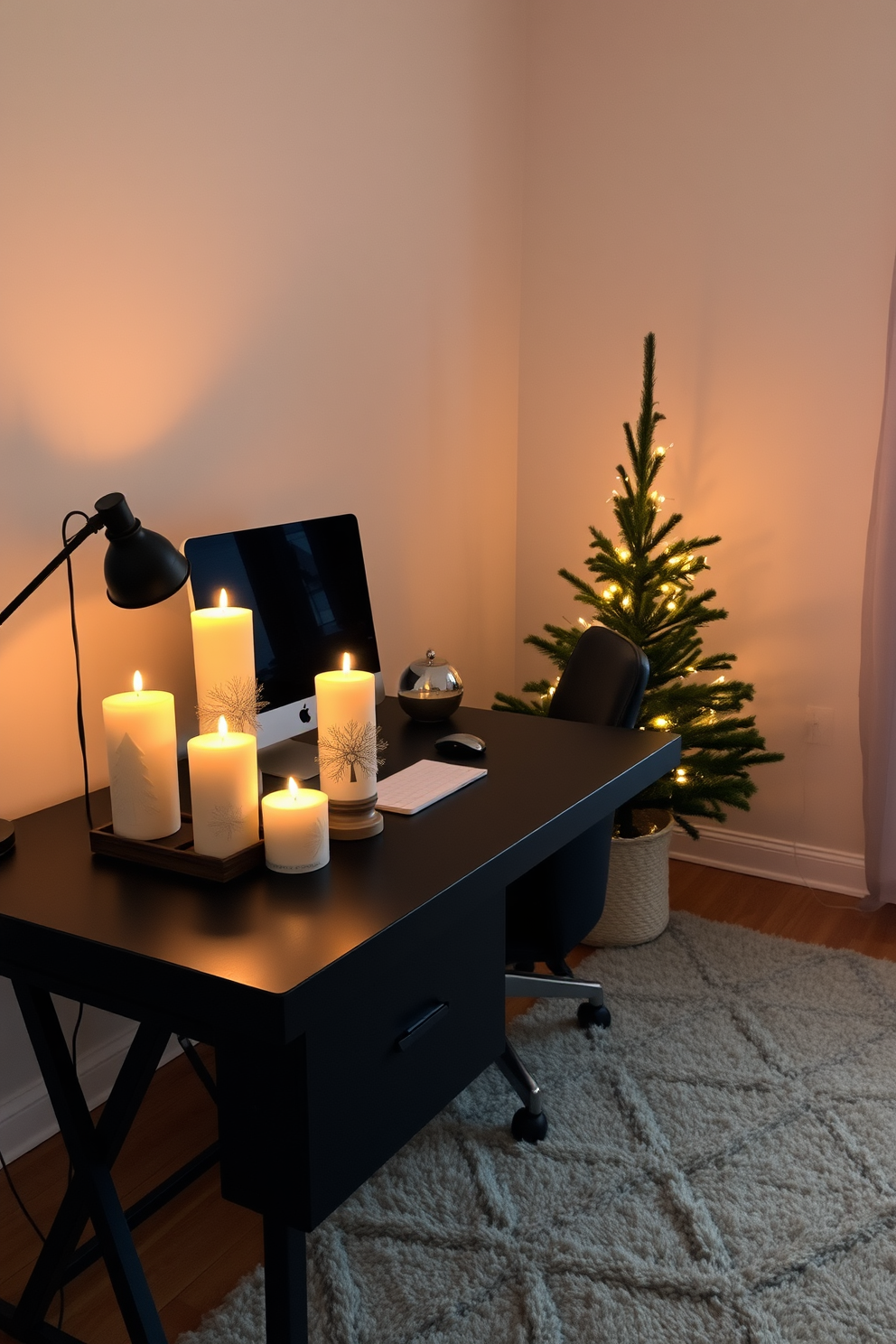 A cozy winter home office setting. There are decorative winter candles of varying heights placed on the desk, casting a warm glow in the room. The walls are adorned with soft, neutral tones, and a plush area rug adds comfort underfoot. A small evergreen tree sits in the corner, bringing a touch of nature indoors.